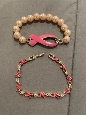 Pink Ribbon Pearl and Charm Bracelet Set - Breast Cancer Awareness